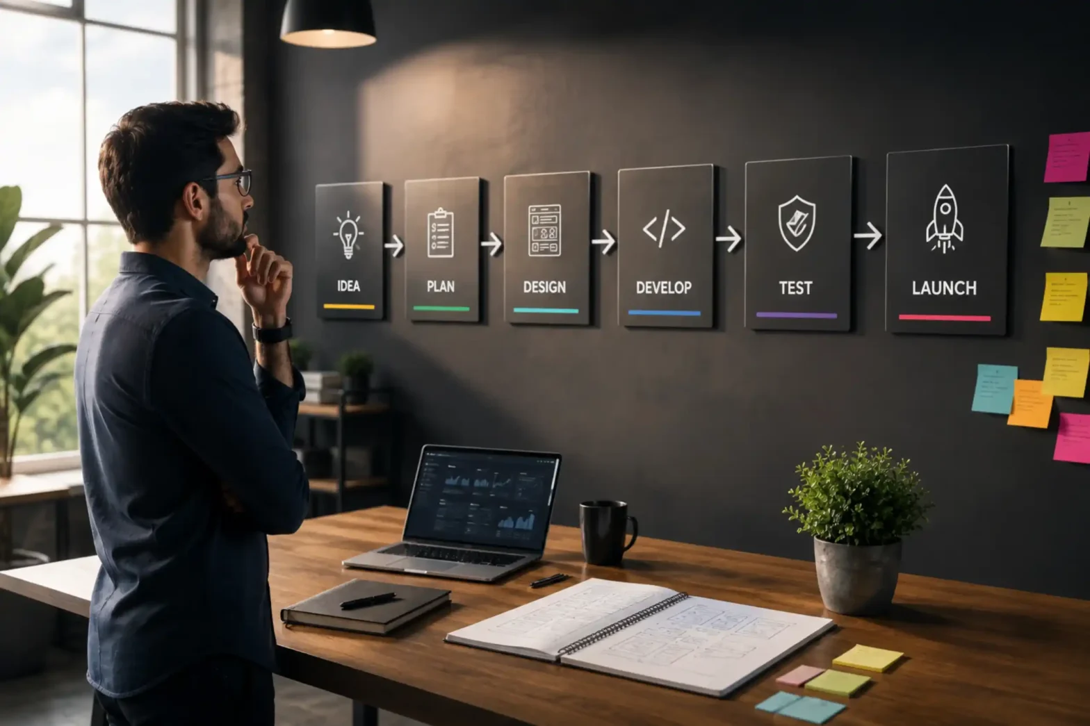SaaS development roadmap showing a founder planning, building, testing, and launching a scalable software product - EBtechsol