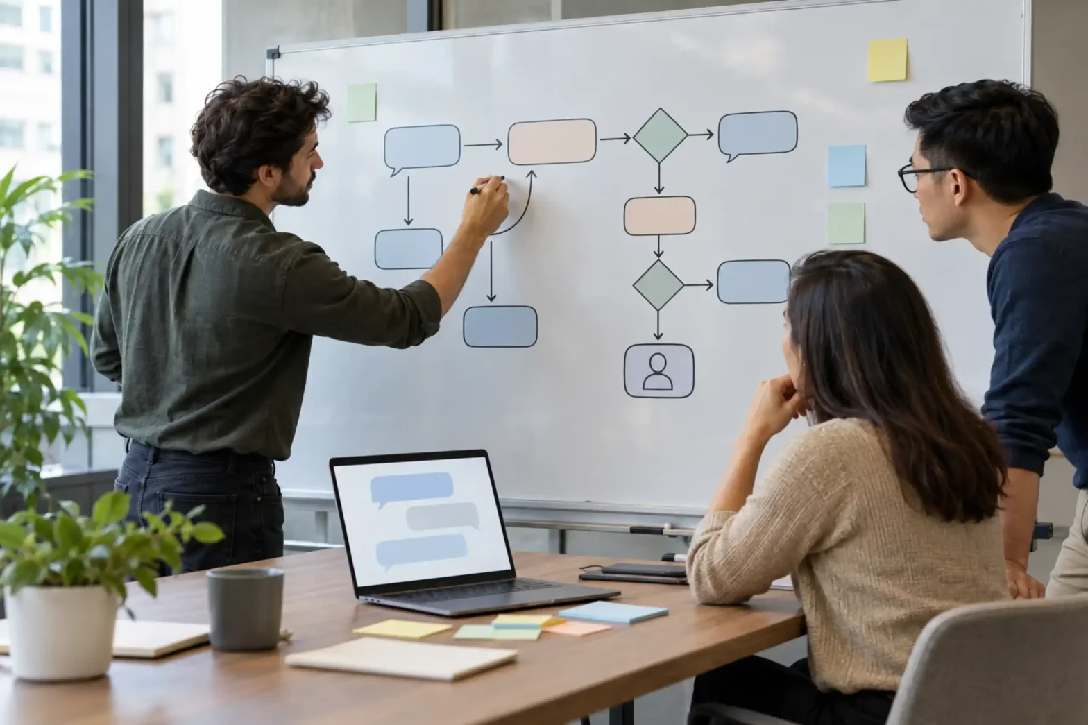 Team mapping a customer conversation flow on a whiteboard while planning AI chatbot development services - AI Chatbot Development Services
