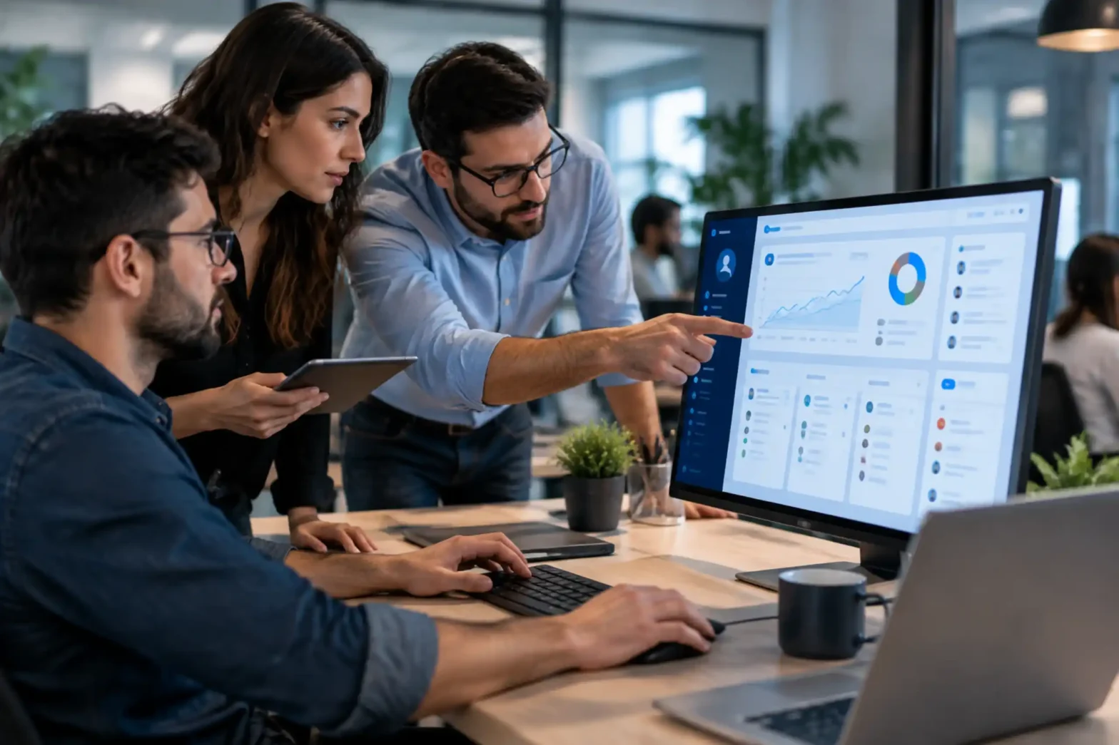 Developers at a CRM software development company reviewing a custom dashboard build