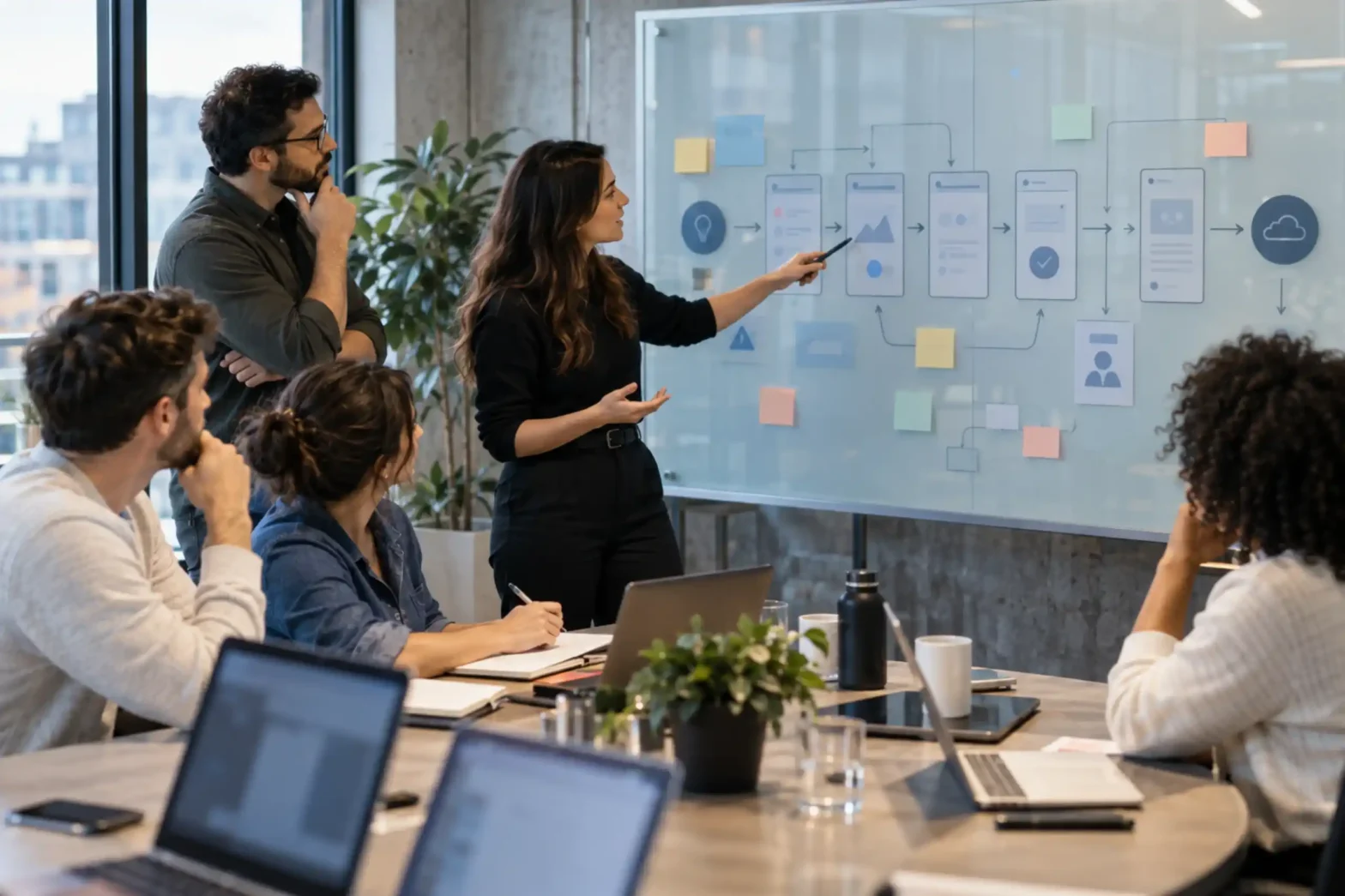 Development team reviewing an end-to-end development services roadmap together