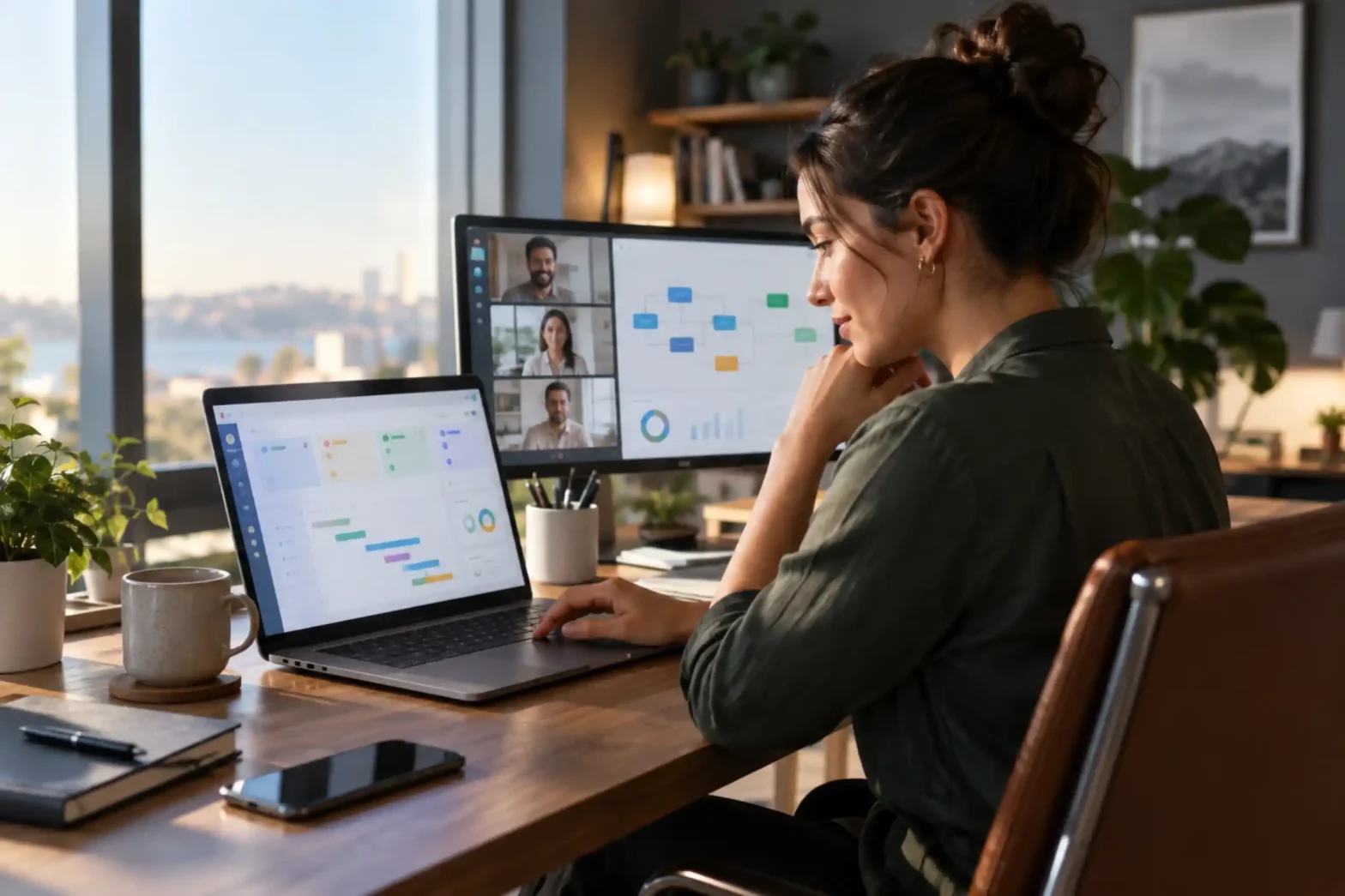 Remote team collaborating through a cloudworks dashboard on a laptop